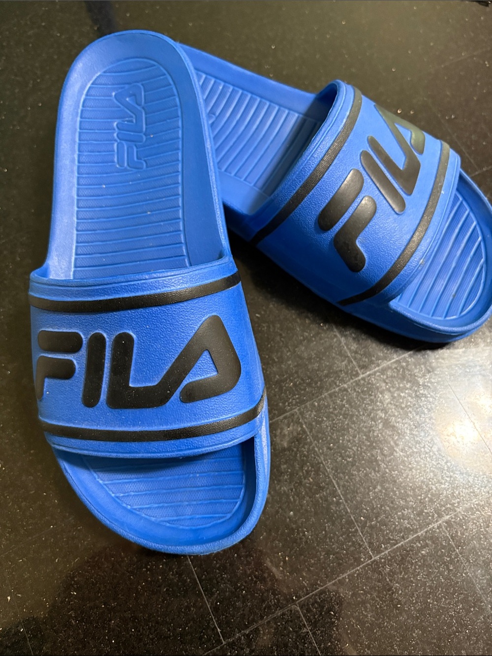 Kids Fila Royal Blue Slide Sandals with Black Logo